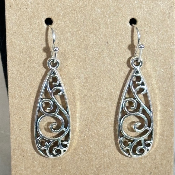 2/$20 Silver tone long thin water droplet filigree hook earrings - Picture 1 of 11